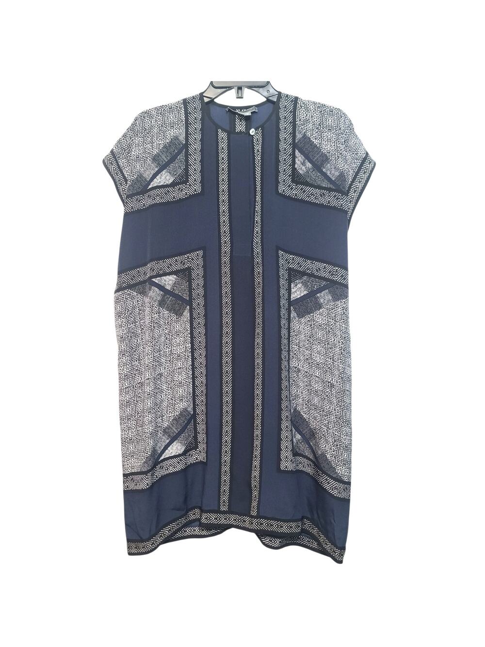 Vince Block Print Short Sleeve Silk Caftan Dress Blue/Black S